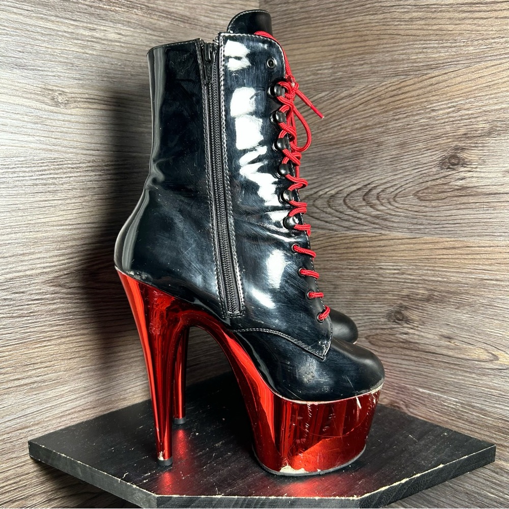 Pleaser Delight 1020 Black Patent Red Chrome Heels Lace Boots